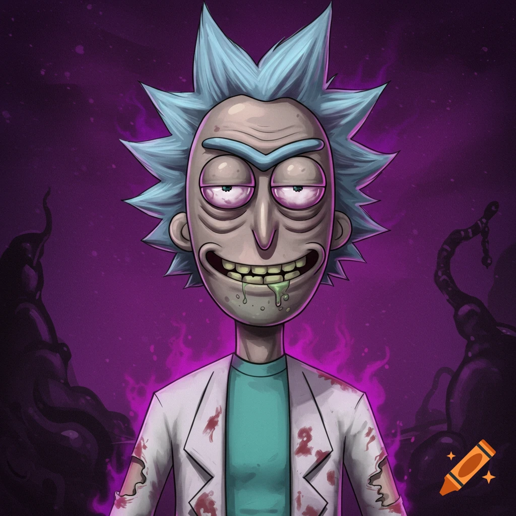 Portrait of Rick Sanchez depicted as a villain with blood stains on his lab coat and green slime dripping from his mouth.