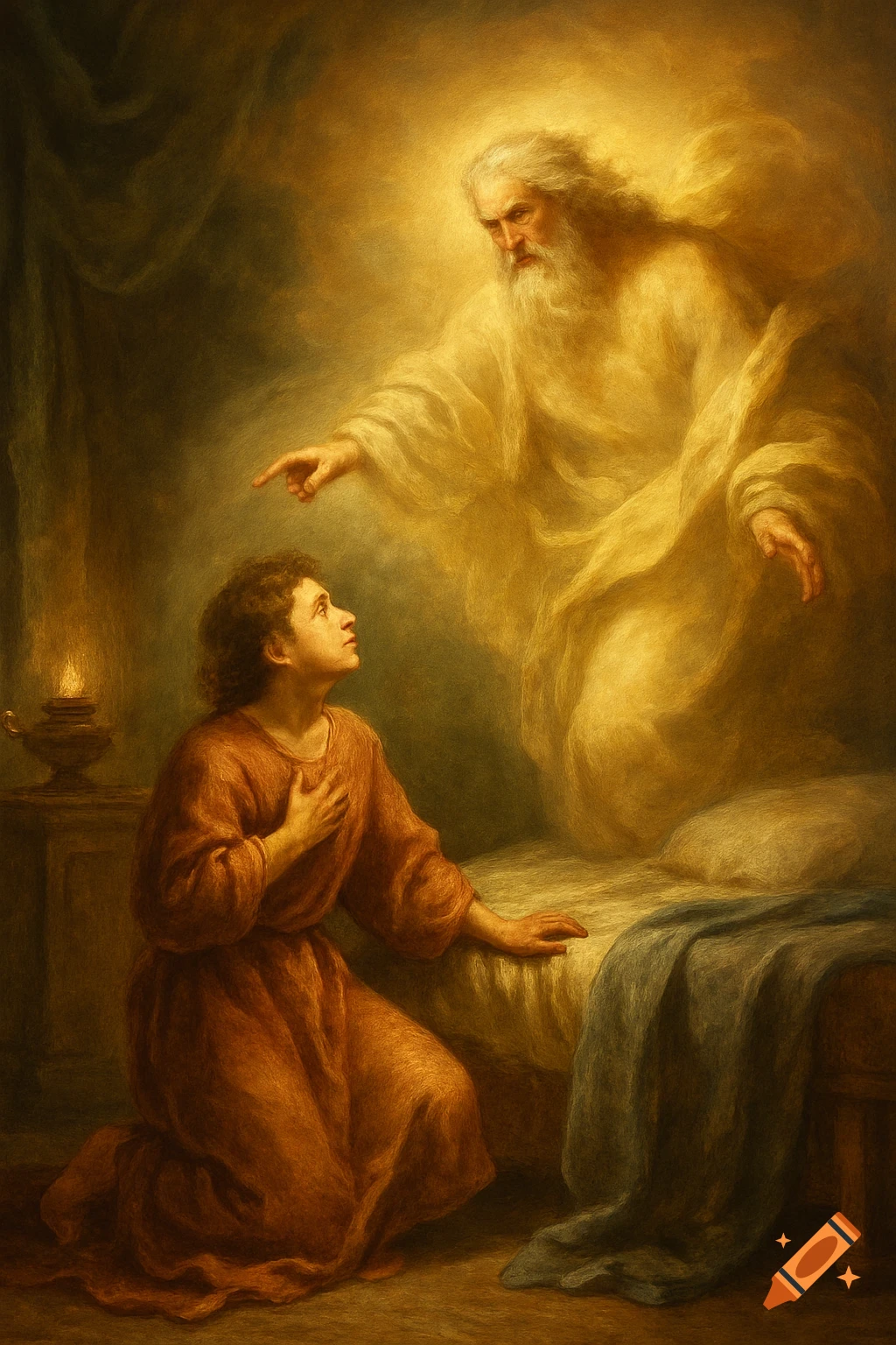 Painting of God speaking to young Samuel in a room.