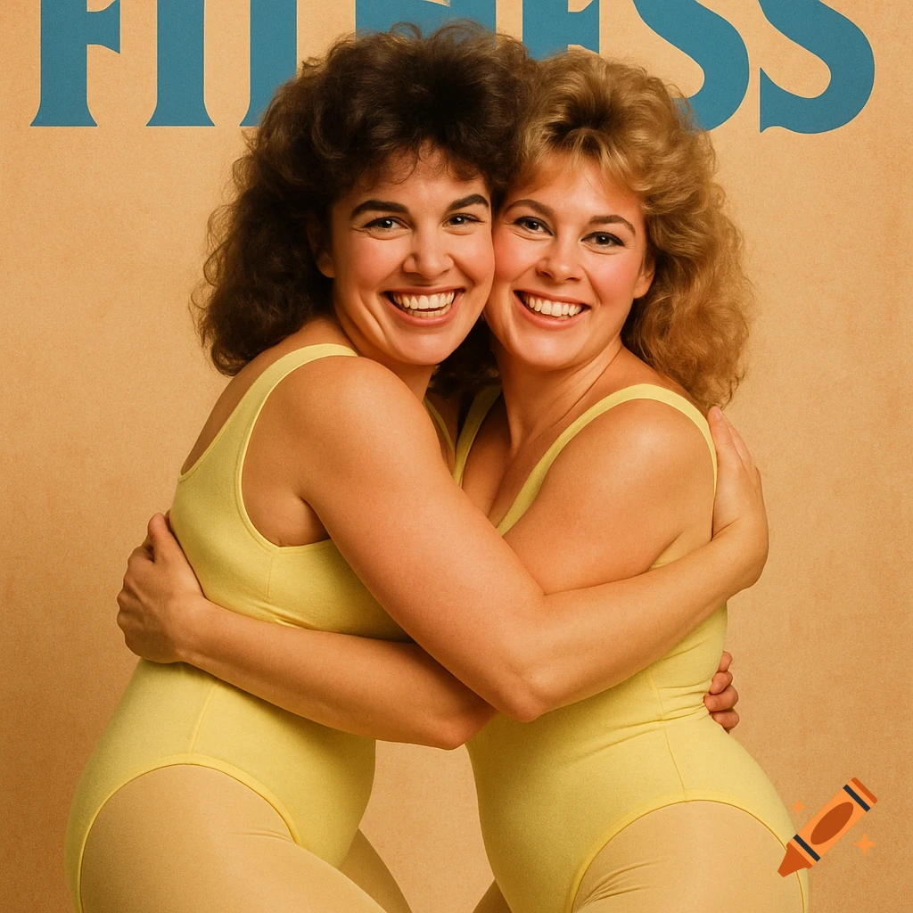 Two women in yellow leotards and tights hug to create a two-headed illusion on a vintage fitness magazine cover.