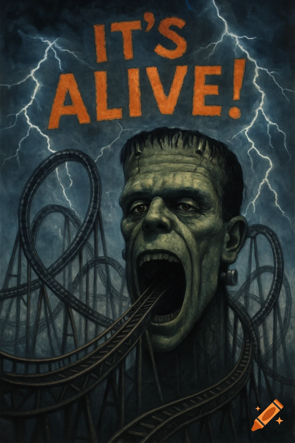 Frankenstein's head with a roller coaster coming out of its mouth, text 'IT'S ALIVE!', lightning in background, horror poster style.
