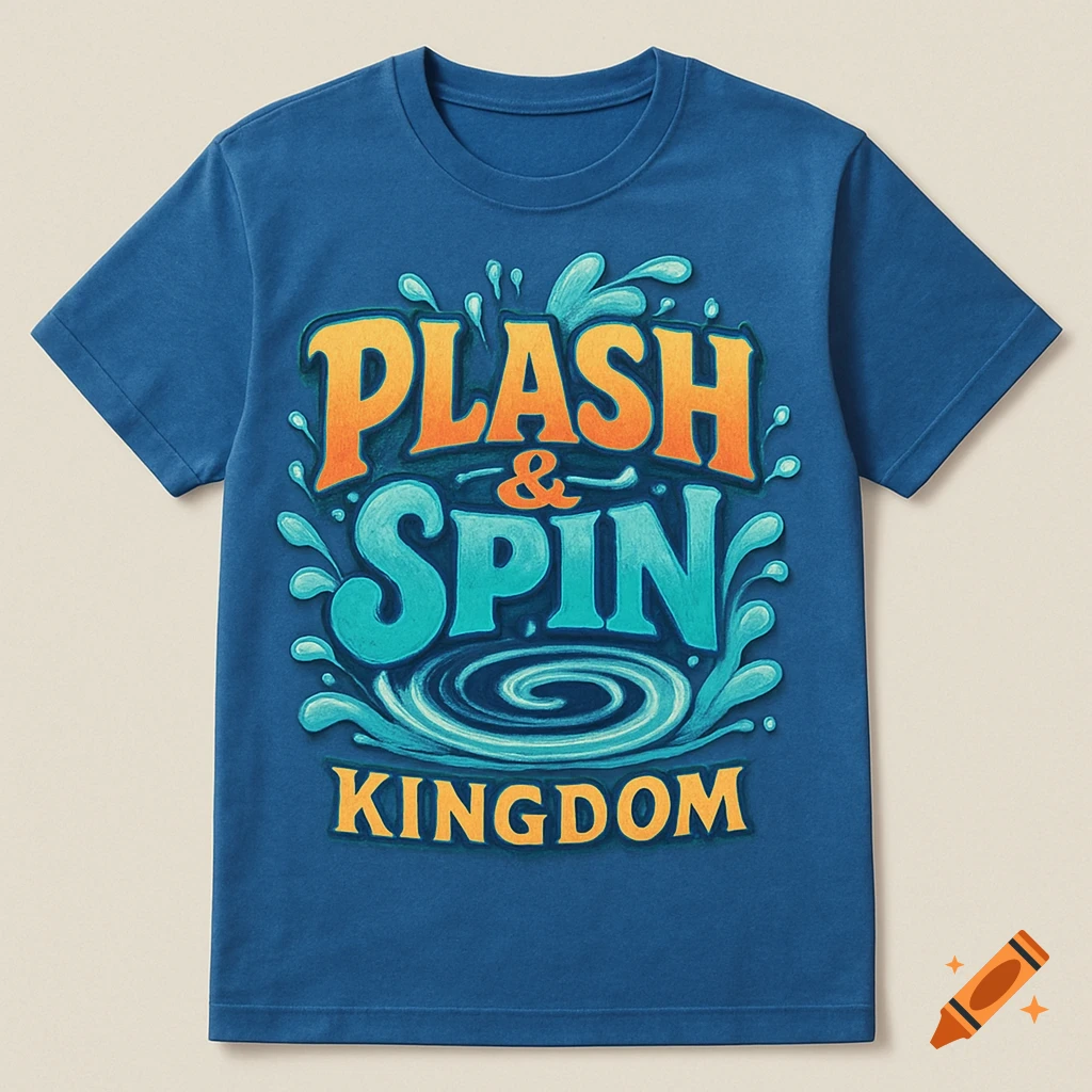 Blue t-shirt with a graphic design featuring orange and teal text that reads "PLASH & SPIN KINGDOM" surrounded by splashes and a water swirl.