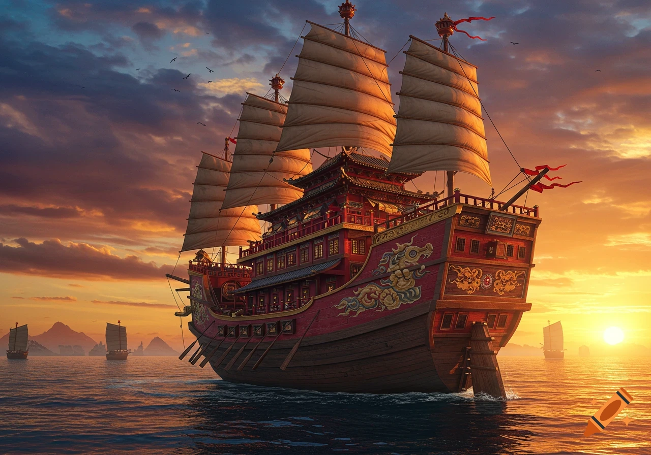 An ornate Chinese junk ship sails on the sea at sunset, with smaller ships in the distance.