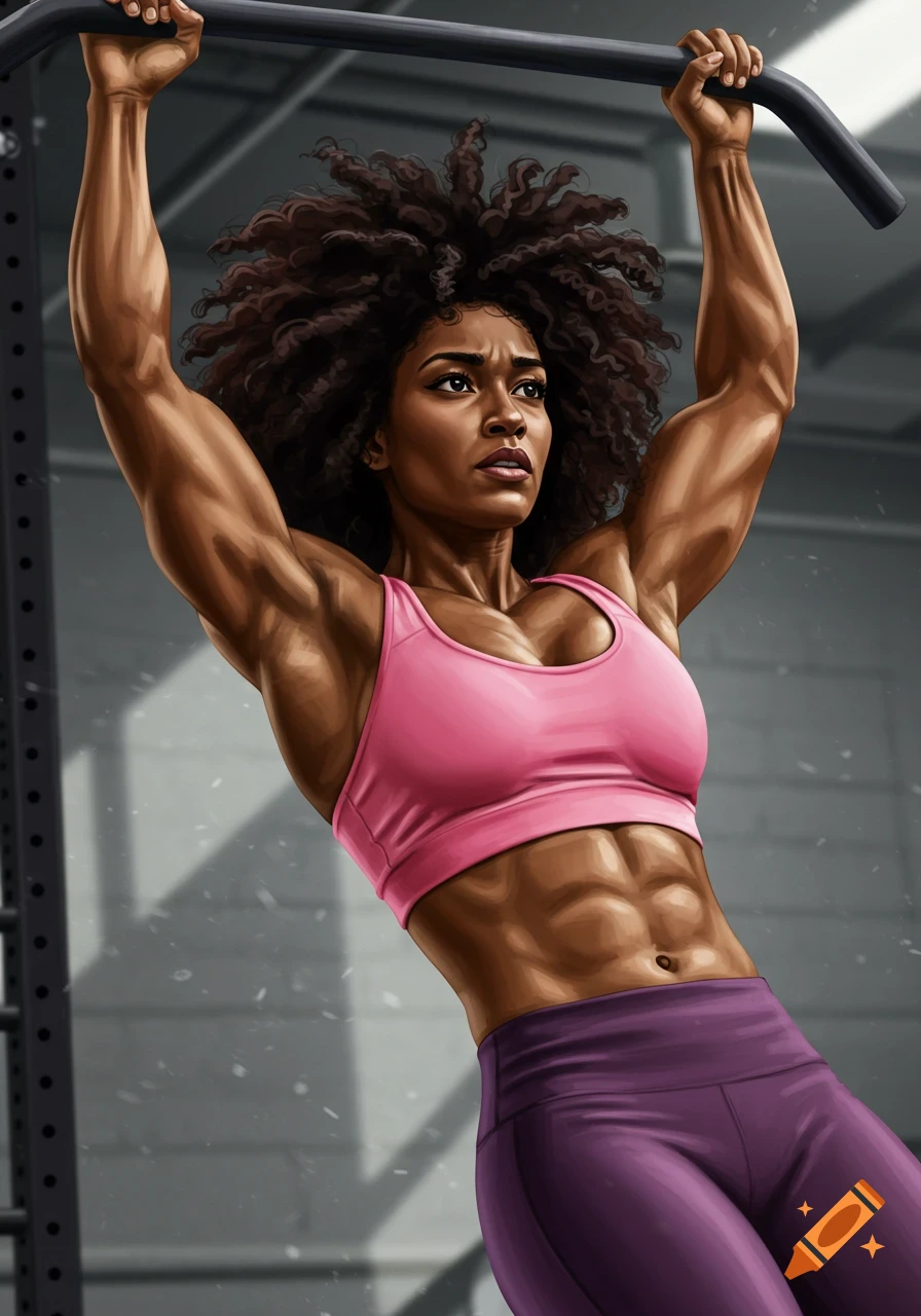 Muscular woman doing a chin-up in a gym, digital art