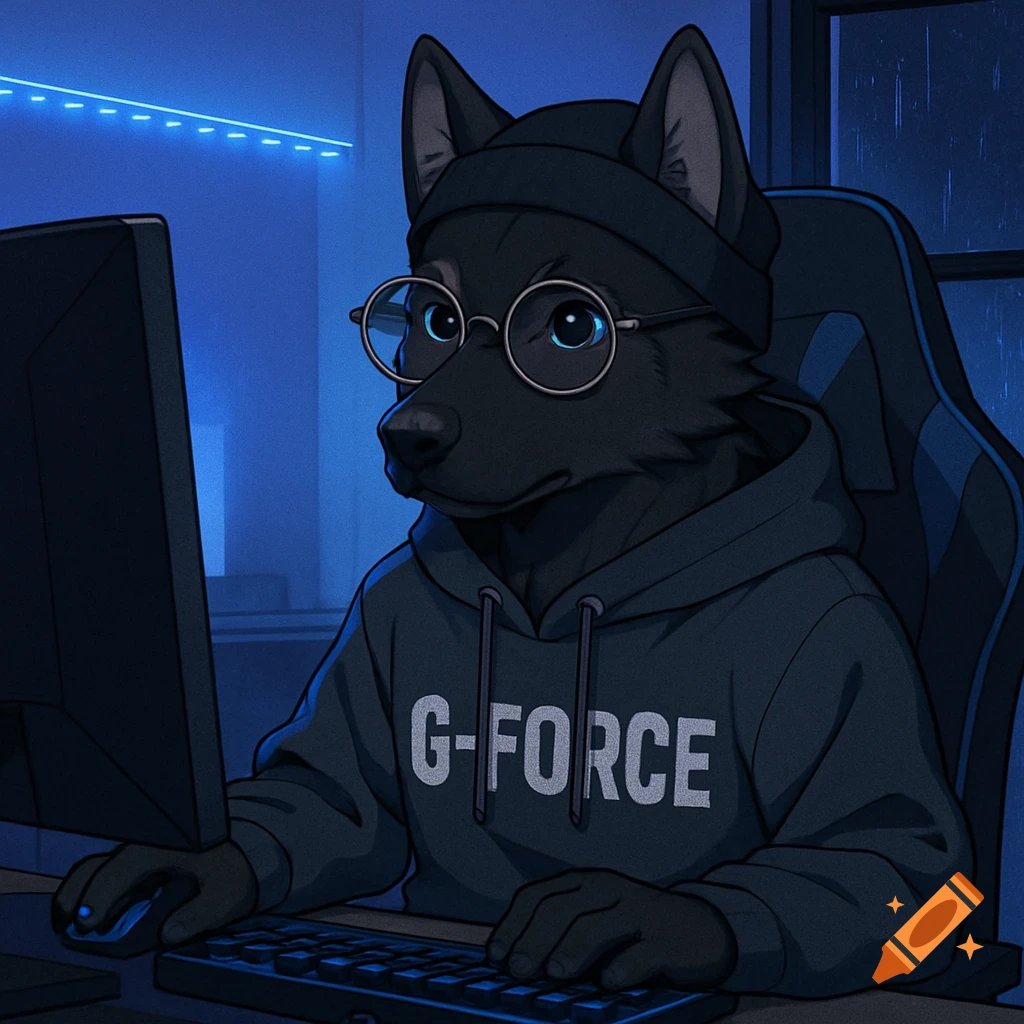 Anime style black German Shepherd furry character wearing glasses, hat, and hoodie with 'G-FORCE' text, sitting at a computer in a room with blue LEDs and a window showing rain.