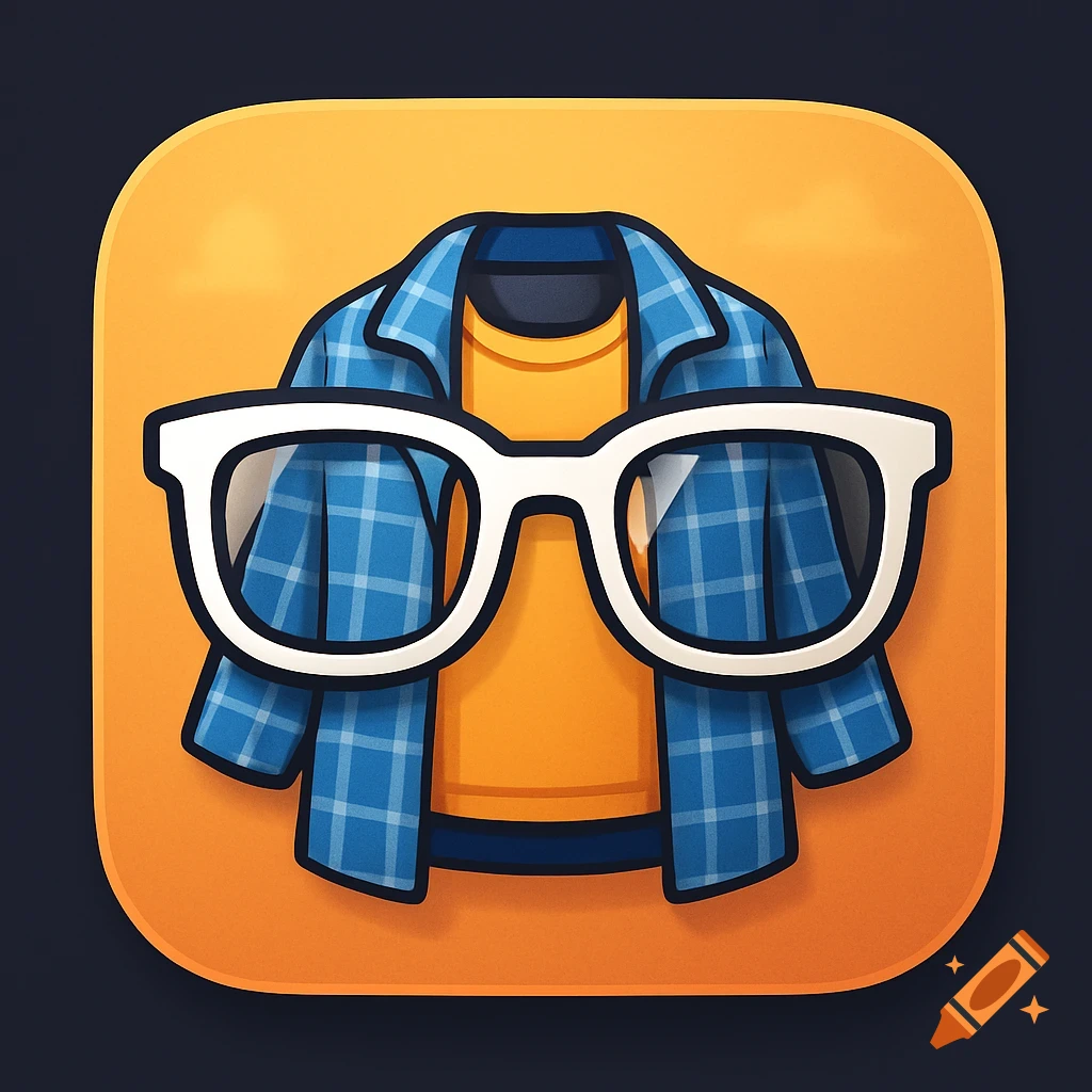 Stylized app icon illustration of white glasses over a blue plaid shirt and orange t-shirt.