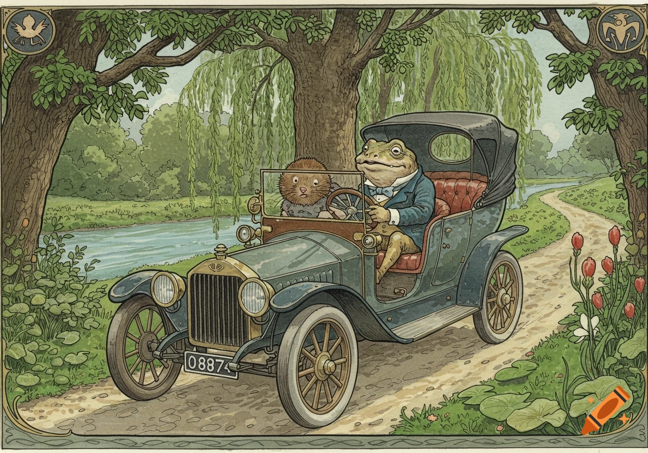 Classic illustration of a frog and a mole driving a vintage car on a country road.