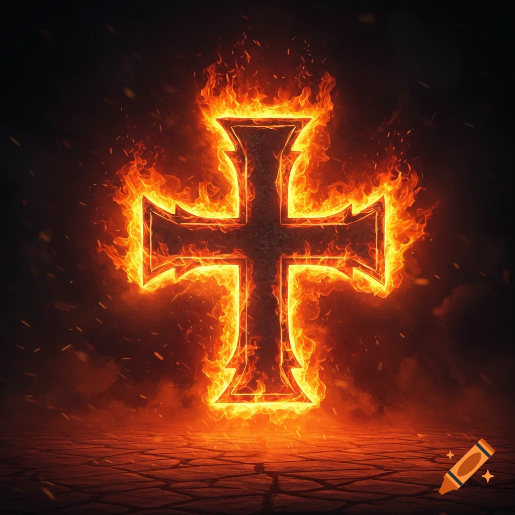 A Maltese cross engulfed in bright orange flames in a dark, smoky environment with a cracked stone floor.