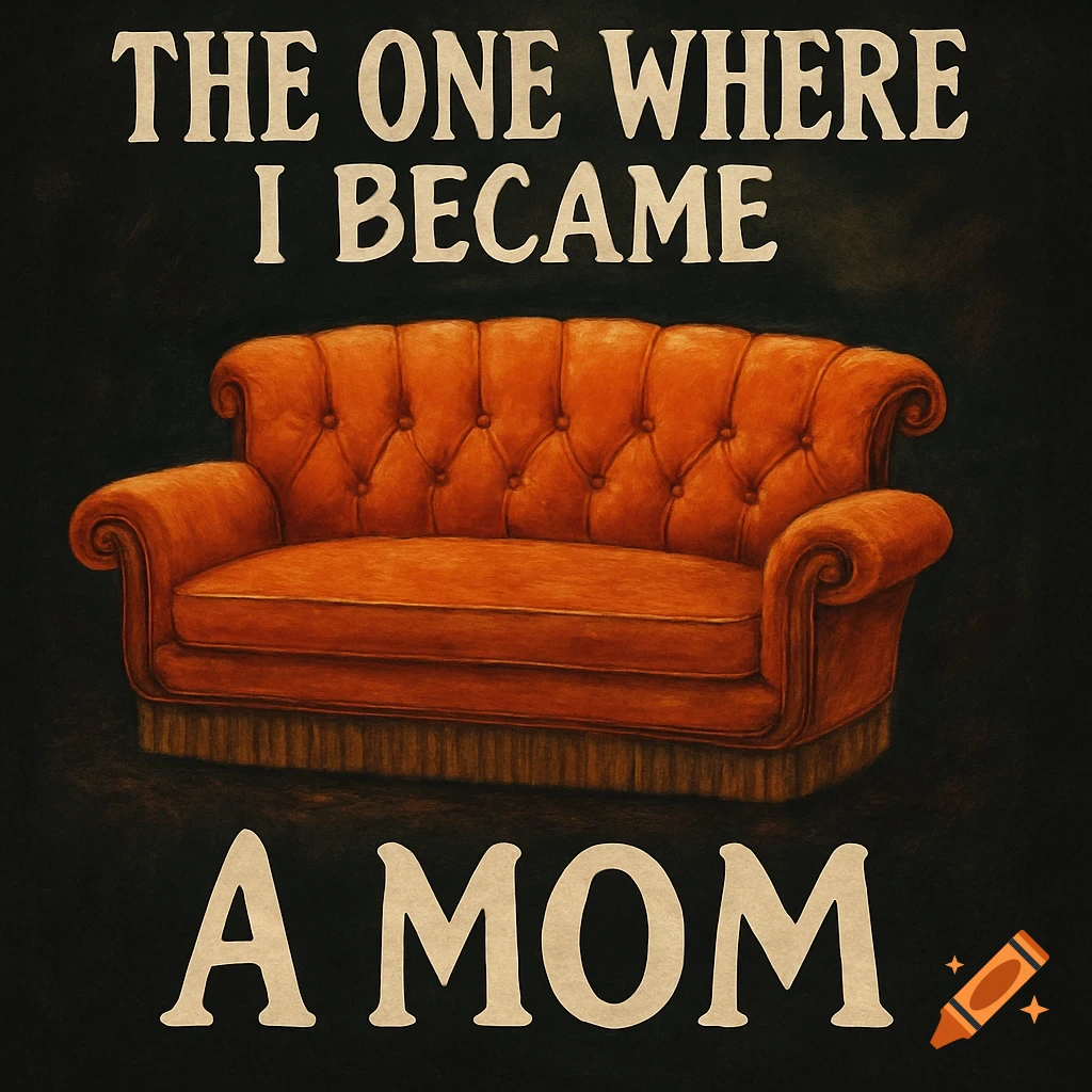 Painted image of an orange couch with text 'THE ONE WHERE I BECAME A MOM'.