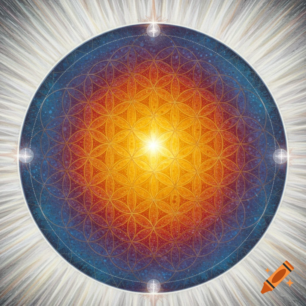 A circular Flower of Life geometric pattern with a blue to orange gradient and radiating light.