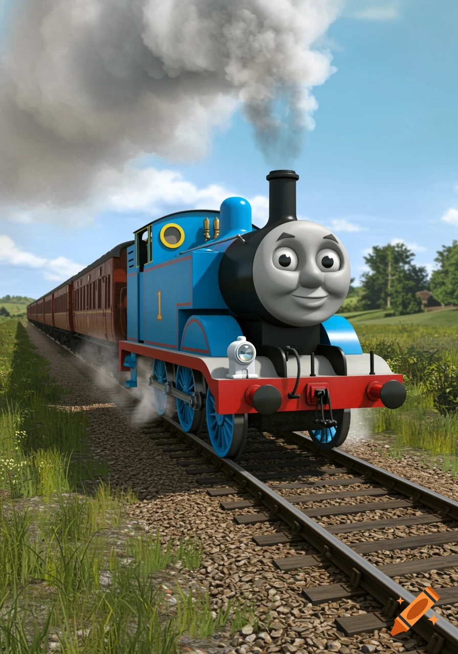 Thomas the Tank Engine pulling passenger cars on a track through a green field
