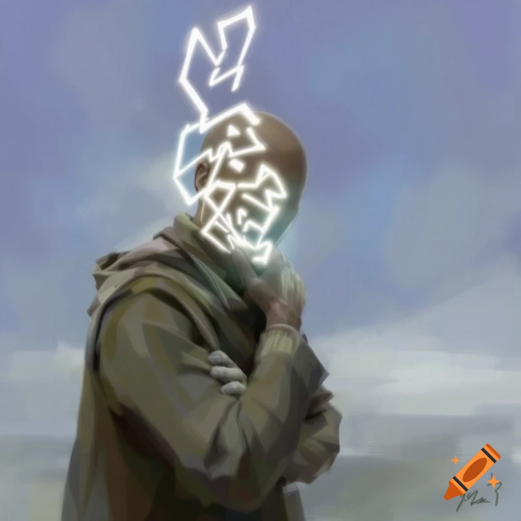 A person in a coat with glowing geometric shapes on their head