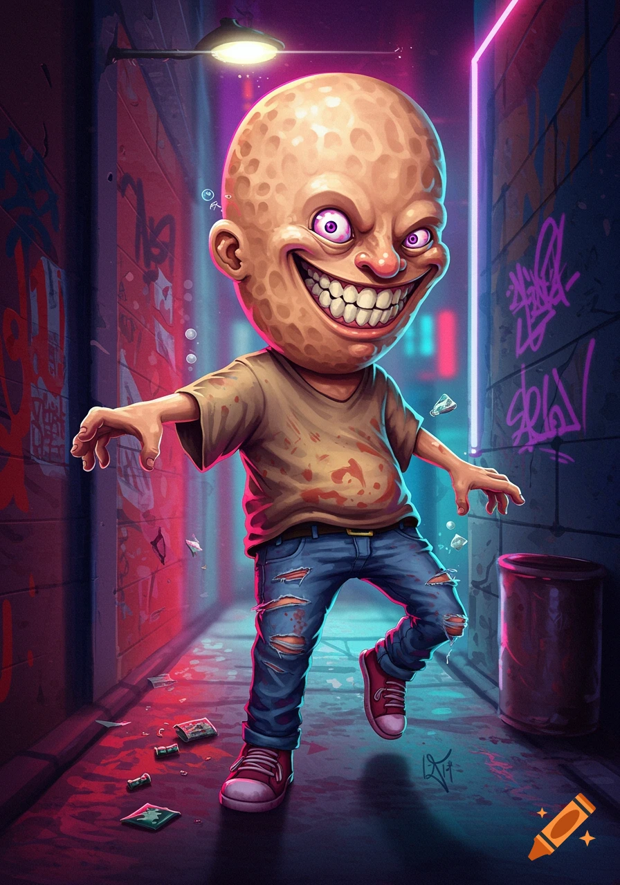 Cartoonish creepy character with large textured head in a graffiti-covered alley.