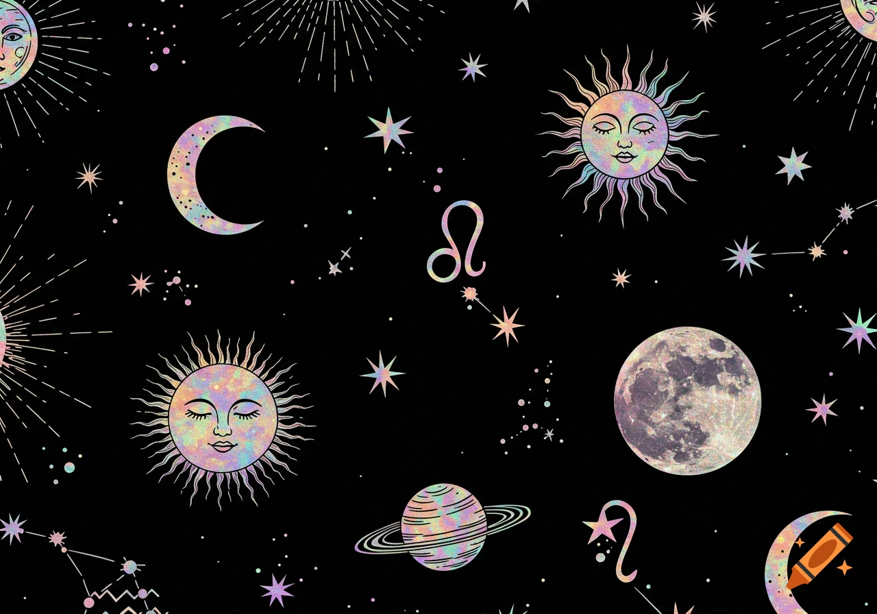 Seamless pattern of iridescent suns, moons, planets, stars, and zodiac signs on a black background.