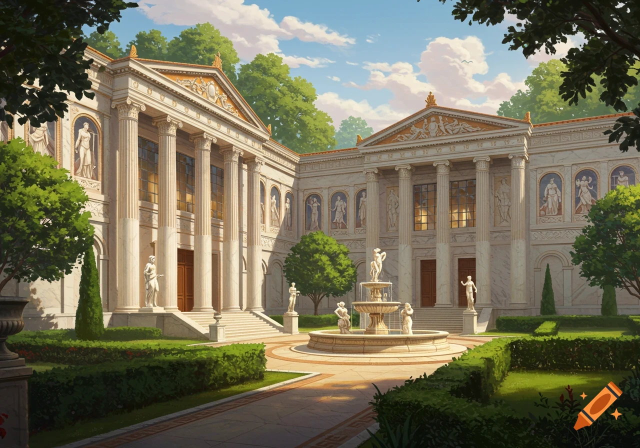 A classical building with columns surrounding a courtyard with a fountain and statues in a garden.