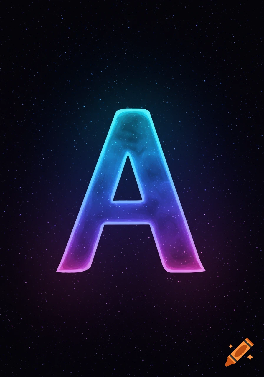 A glowing blue and purple letter A against a starry background.