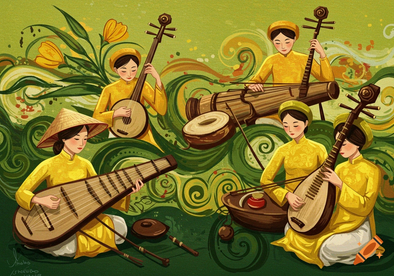 Illustration of Vietnamese women in traditional clothing playing various musical instruments.