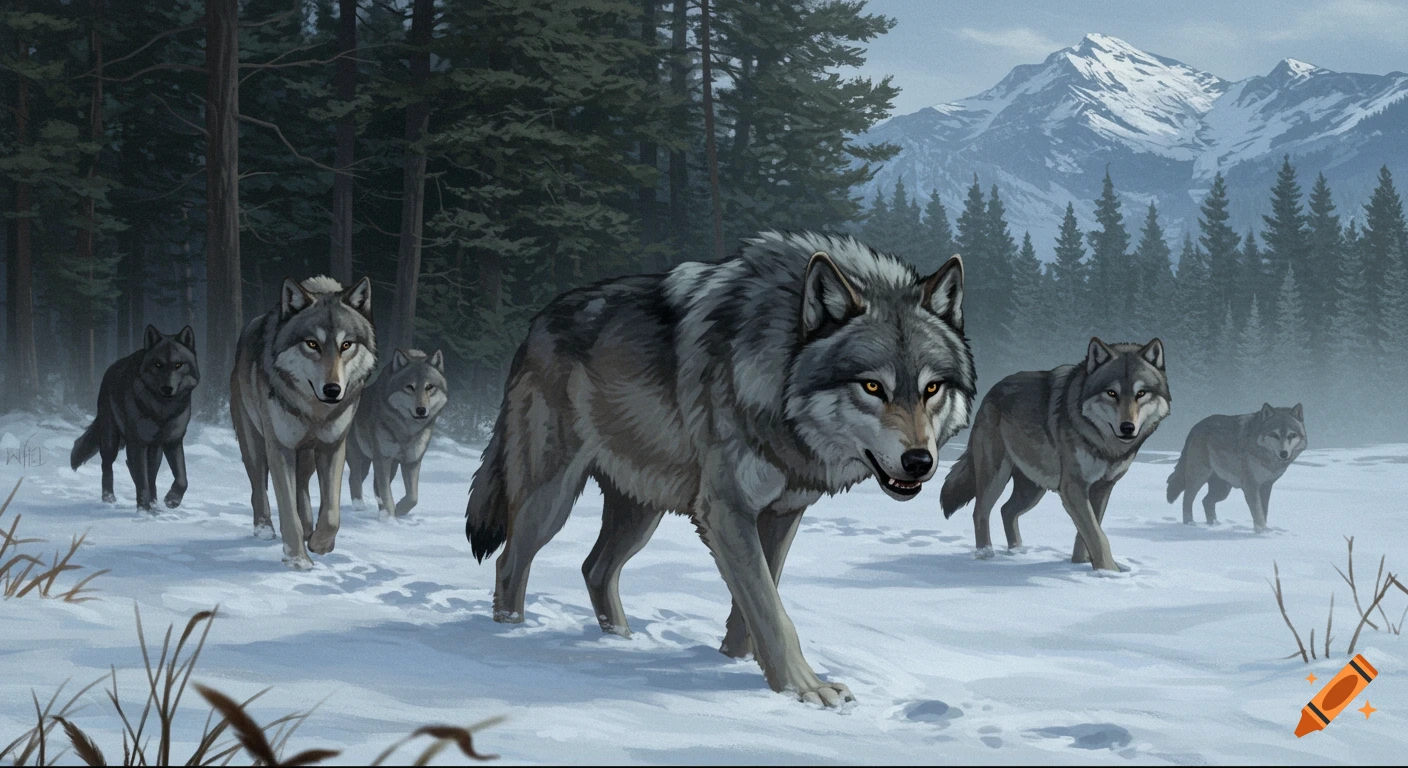 A pack of wolves walks through a snowy forest towards mountains in a ...