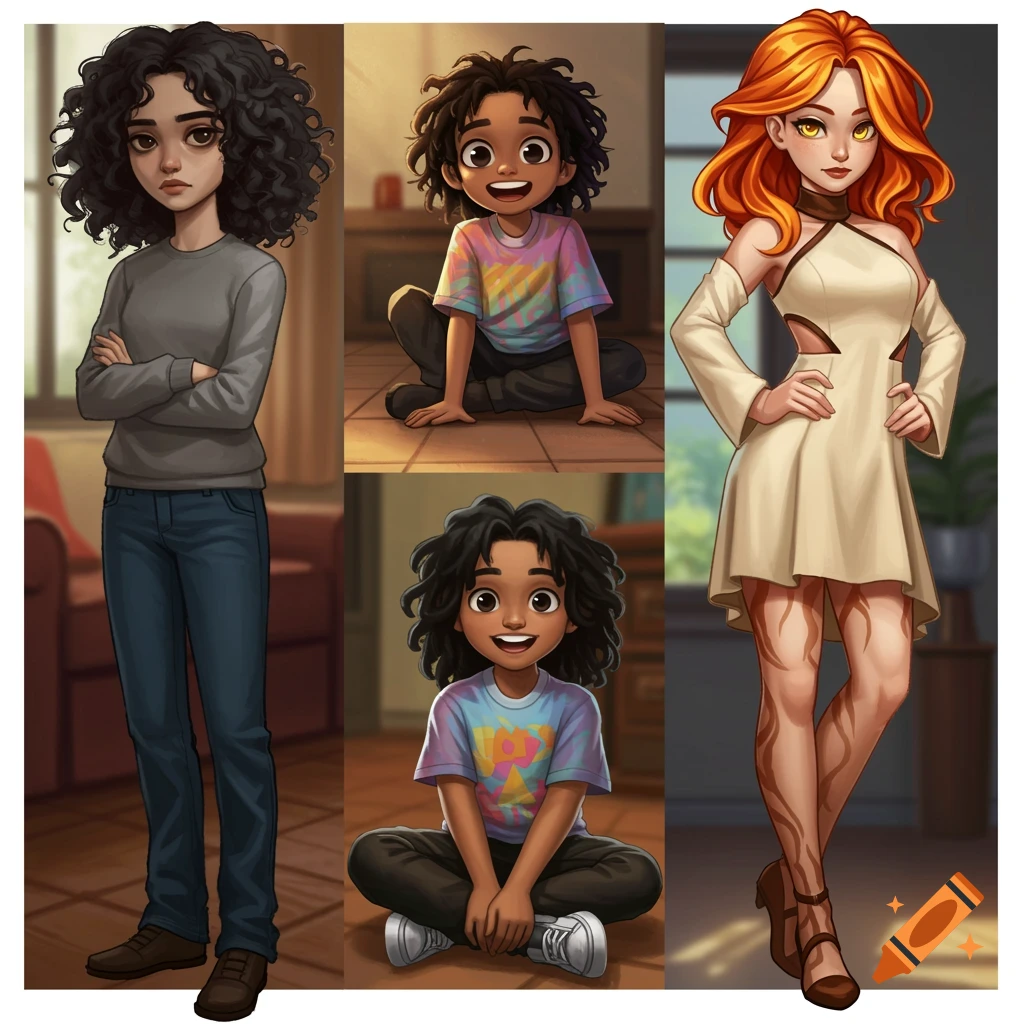 Three stylized character illustrations: a dark-haired woman standing, a dark-haired boy sitting, and a red-haired woman standing.