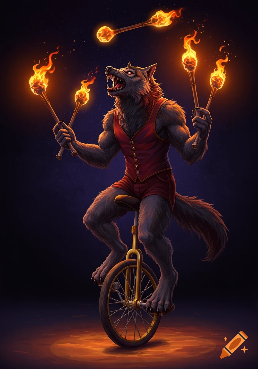 A muscular werewolf in a vest and shorts rides a unicycle and juggles flaming torches.