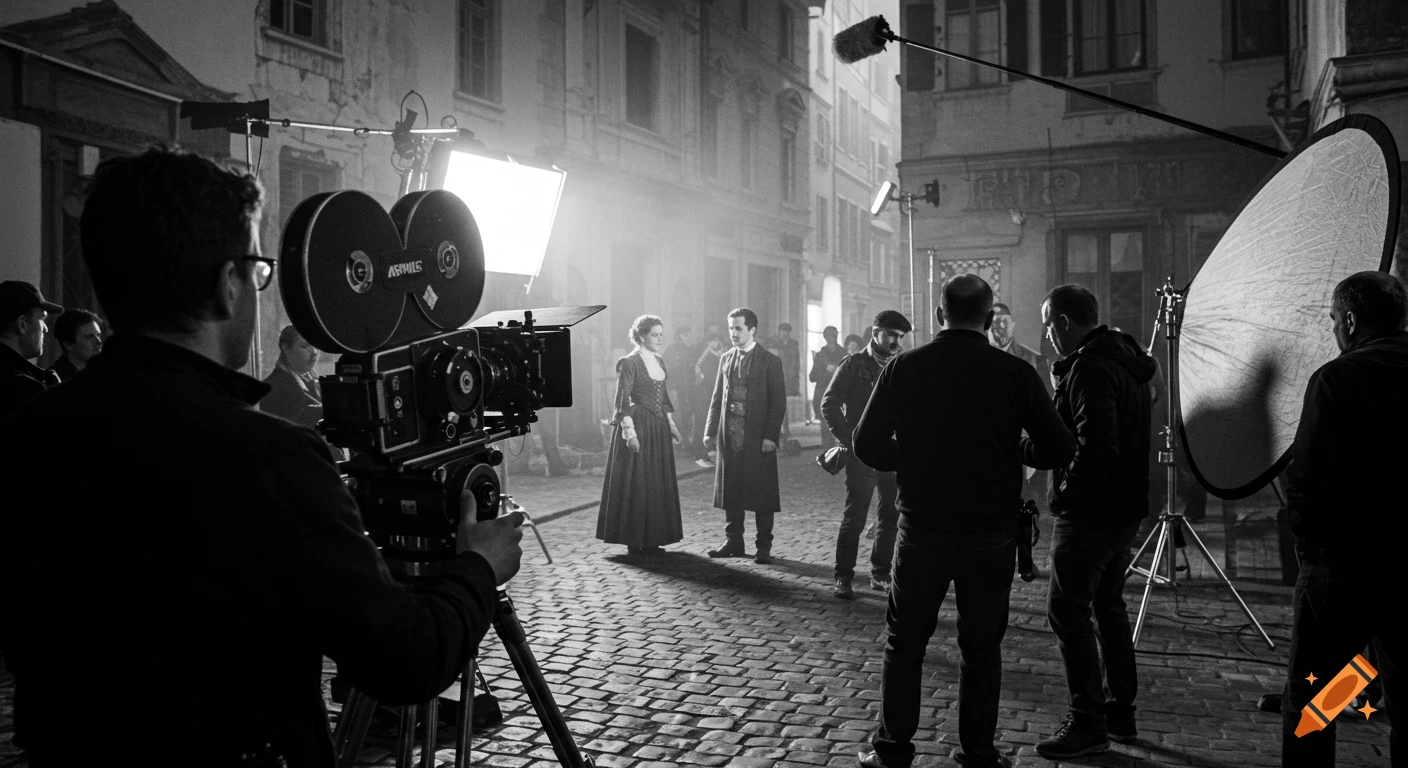 Film crew shooting a movie scene outdoors at night in black and white.