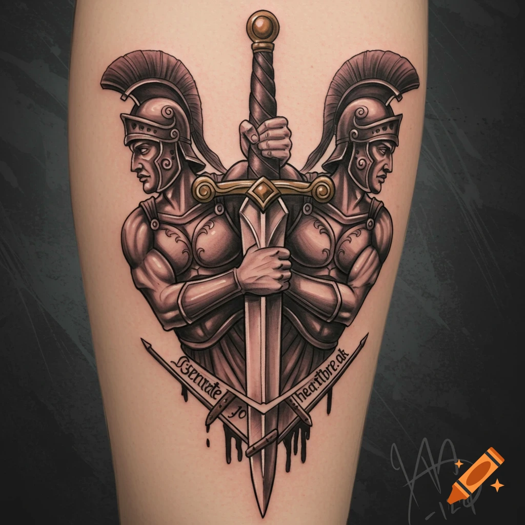 Tattoo design of two Roman soldiers gripping a large sword