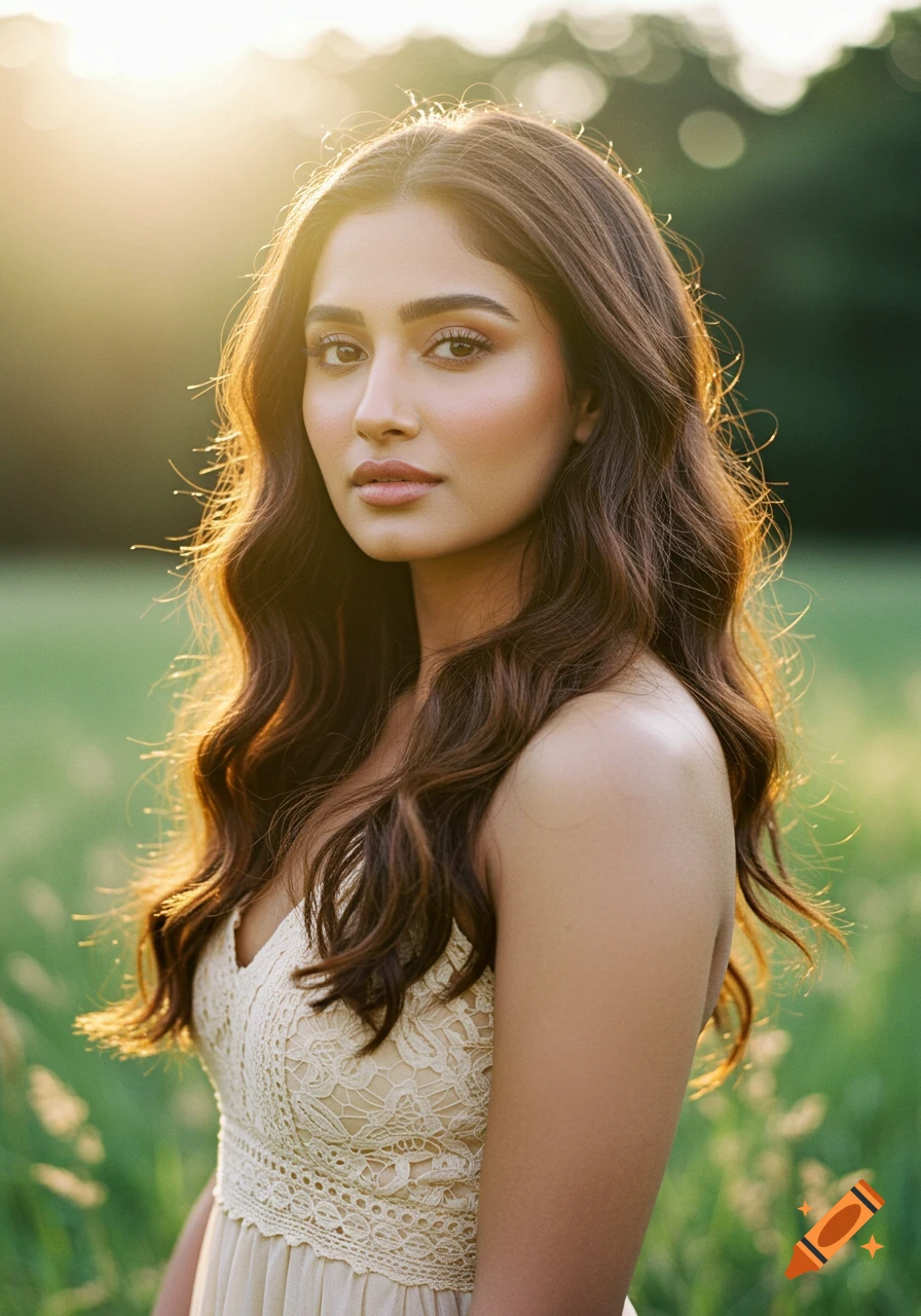 Close-up portrait of a young woman in a field with sunset light on Craiyon