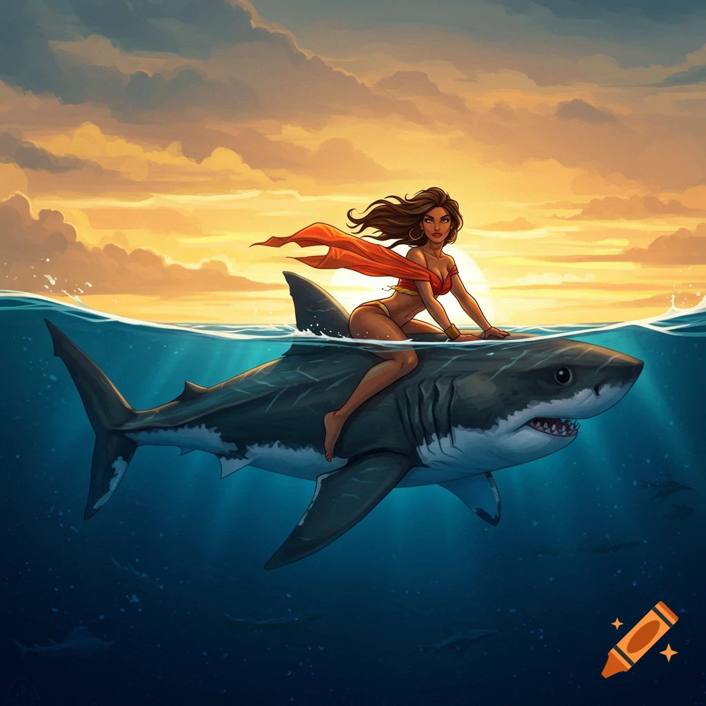 Illustration of a woman riding a shark over the ocean at sunset.