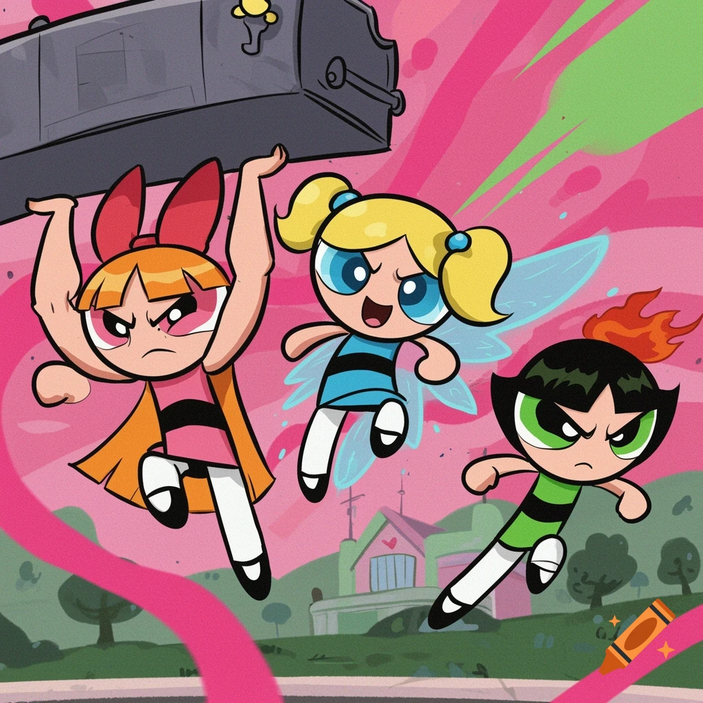 The Powerpuff Girls Blossom, Bubbles, and Buttercup flying in action against a pink sky in cartoon style.