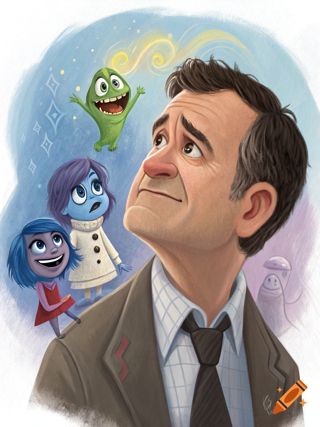 Digital painting of a man looking up with Inside Out characters Joy, Sadness, and a green monster around him.