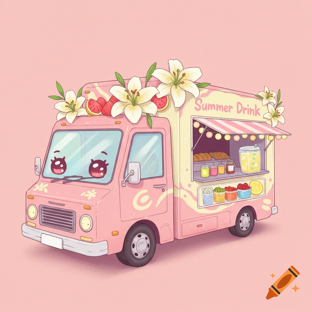 A cute pink drink food truck decorated with lily flowers and a face in a cartoon style.