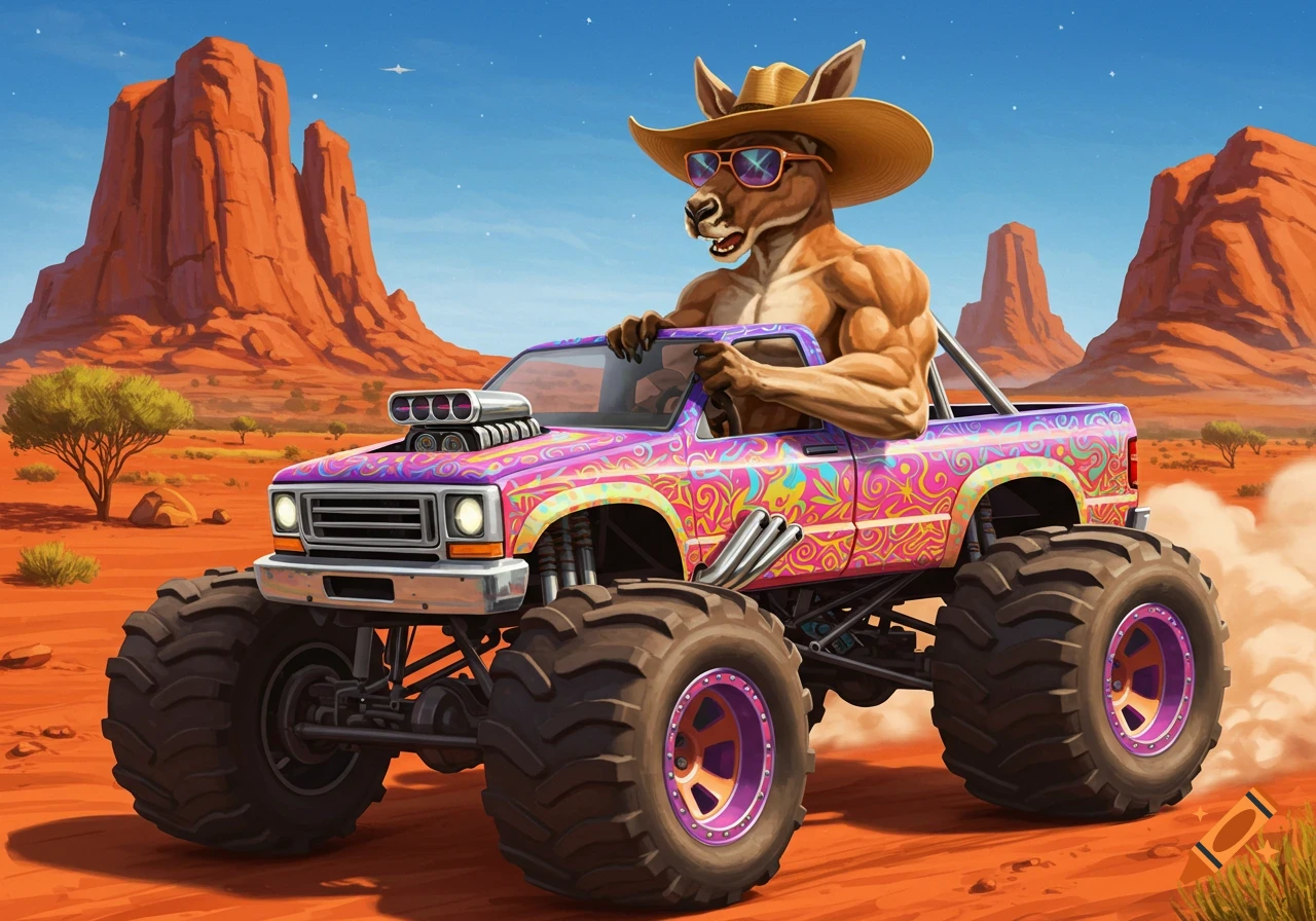 A muscular kangaroo in a cowboy hat and sunglasses drives a pink psychedelic monster truck through a desert.