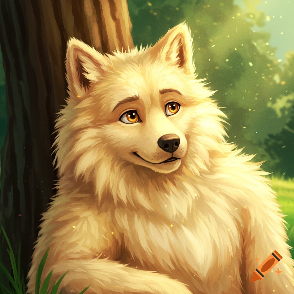 Digital art portrait of a blond wolf furry sitting by a tree