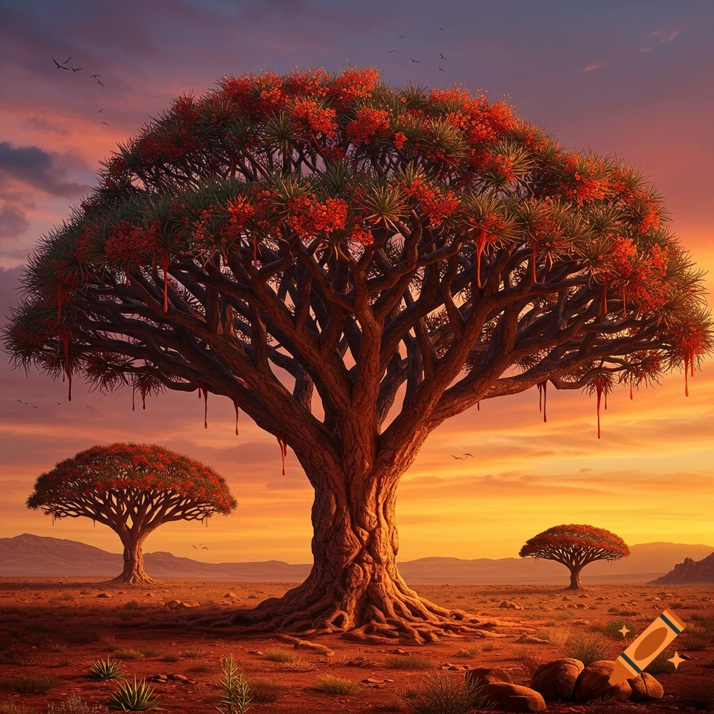 Fantasy trees with red dripping sap in a desert landscape at sunset.