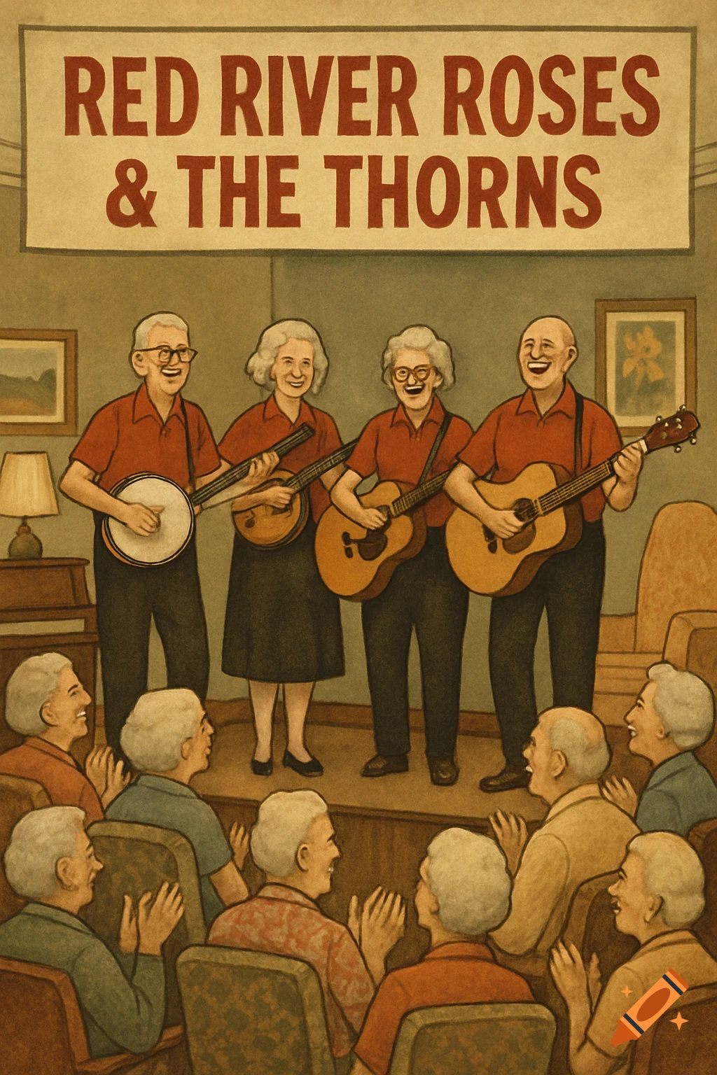 A vintage illustration of an elderly folk band playing for an audience.