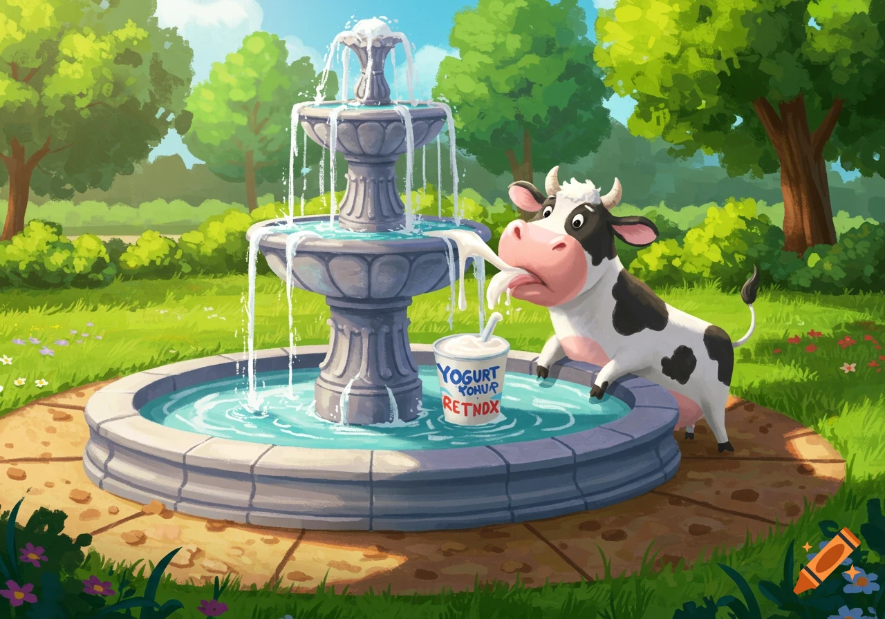 Cartoon cow drinks from a cup next to a fountain in a park.