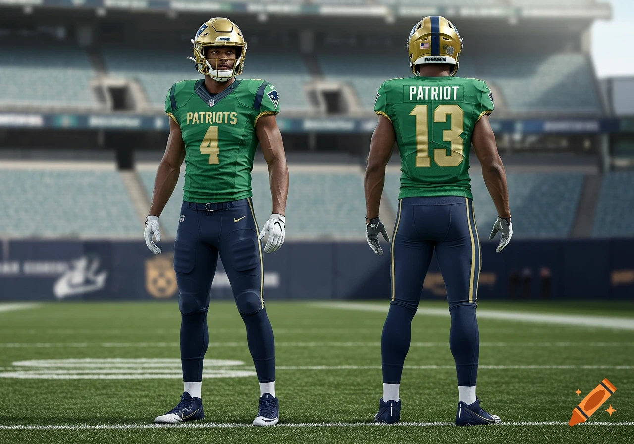 Two football players in custom green and gold uniforms on a field.