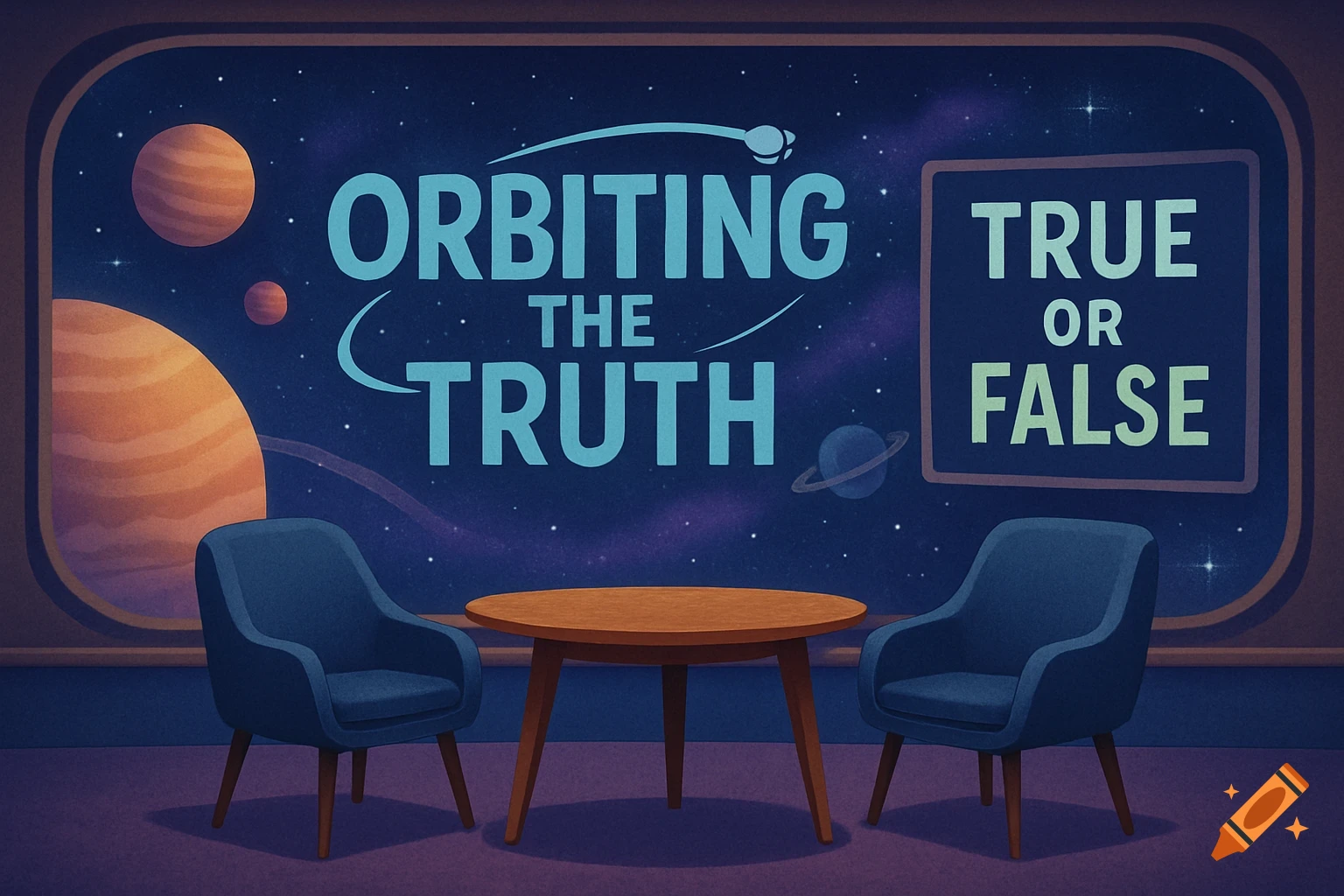 An illustration of a retro-futuristic space-themed interview set with two chairs, a table, planets in the background, and the show titles "ORBITING THE TRUTH" and "TRUE OR FALSE".