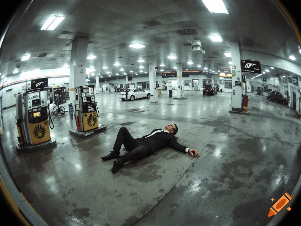 A man in a suit lies on the floor of an empty gas station, viewed with a fisheye lens.