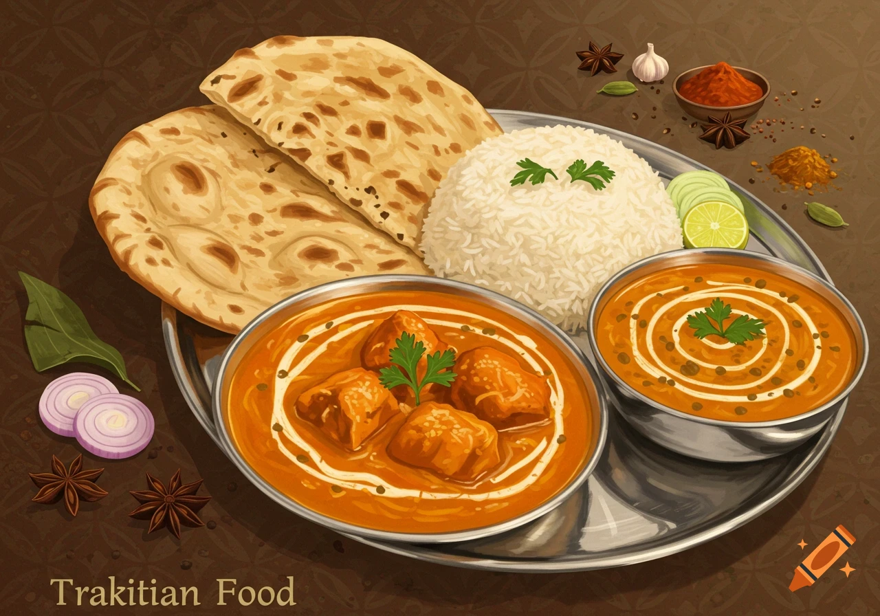 Illustration of a plate of Indian food with naan bread, rice, and two bowls of curry, with spices and onion slices.
