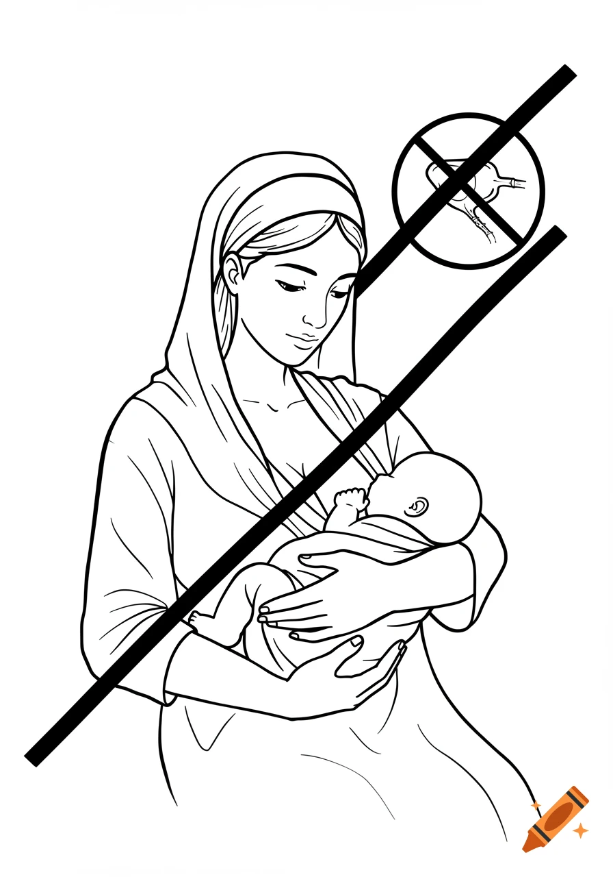 Black and white line art of a mother holding a baby, crossed out with a diagonal line and a 'no' symbol over a baby bottle.