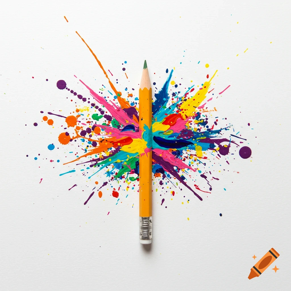 Yellow pencil with vibrant paint splatters on a white background