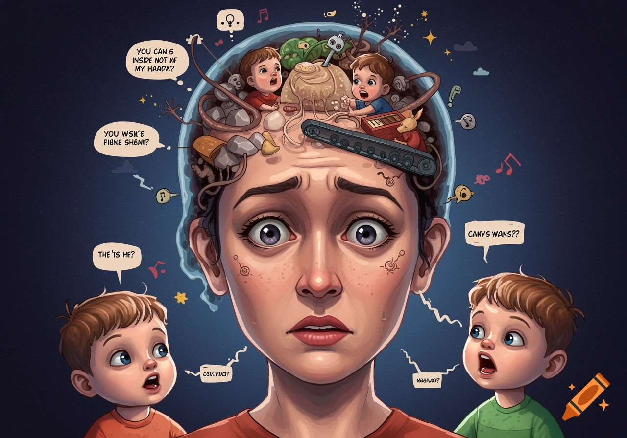Illustrated portrait of a stressed woman with children and random objects inside her head, and children talking outside.
