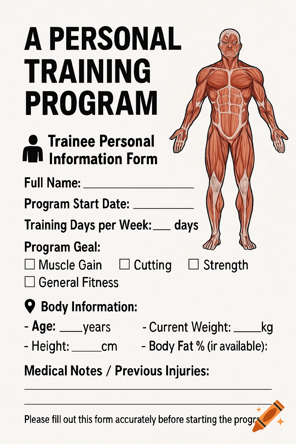 A personal training program form with lines for trainee information, program goals, body information, and medical notes, alongside an anatomical drawing of a human muscular system.
