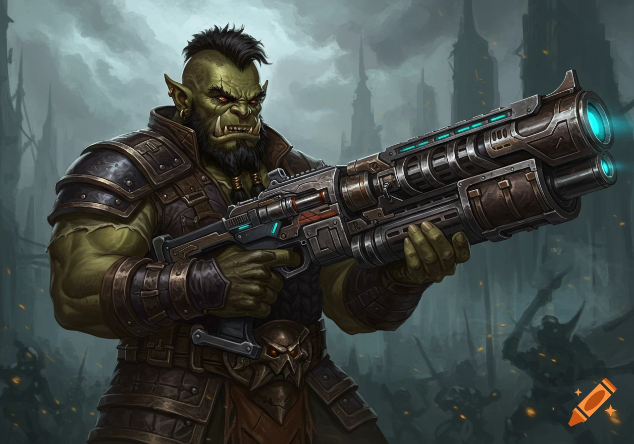 Fantasy illustration of an orc holding a giant futuristic gun in a battle