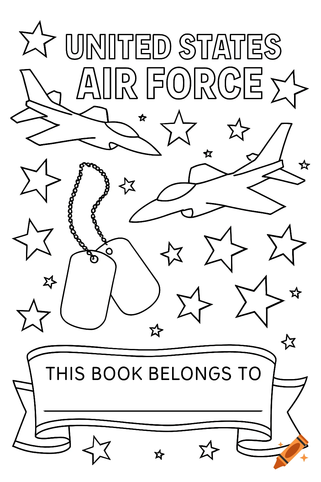 Black and white coloring page with fighter jets, dog tags, stars, and text 'United States Air Force' and 'This Book Belongs To'.