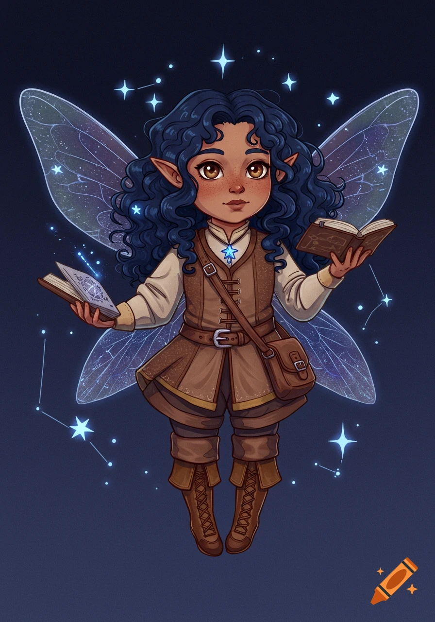 Illustration of a fairy character with dark curly hair, brown outfit, wings, holding two books surrounded by stars.