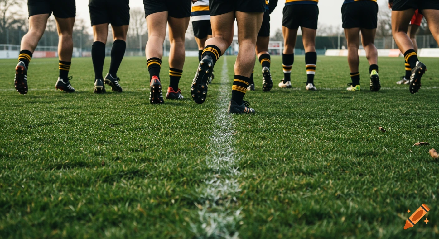 Low angle view of rugby players' legs and boots standing on a grassy field with a white line.