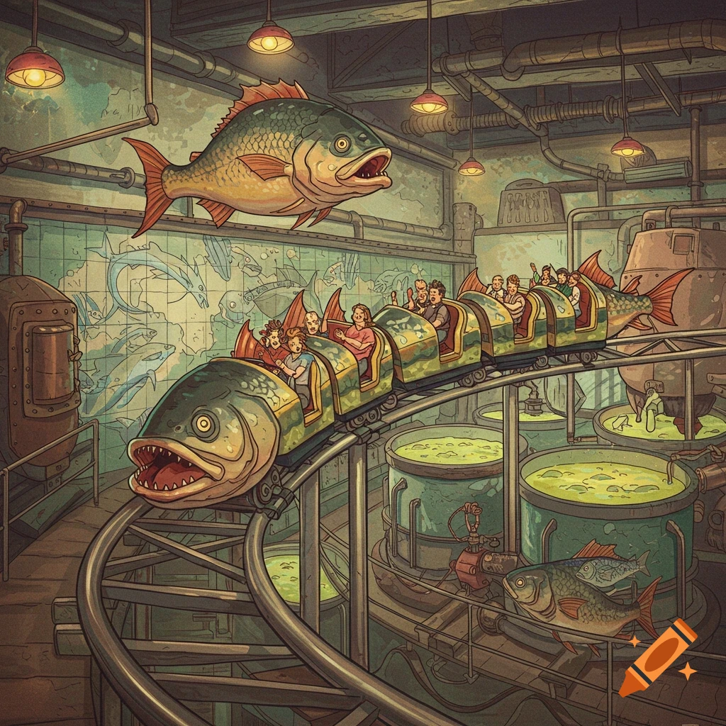 People ride a fish-shaped roller coaster through a strange factory.