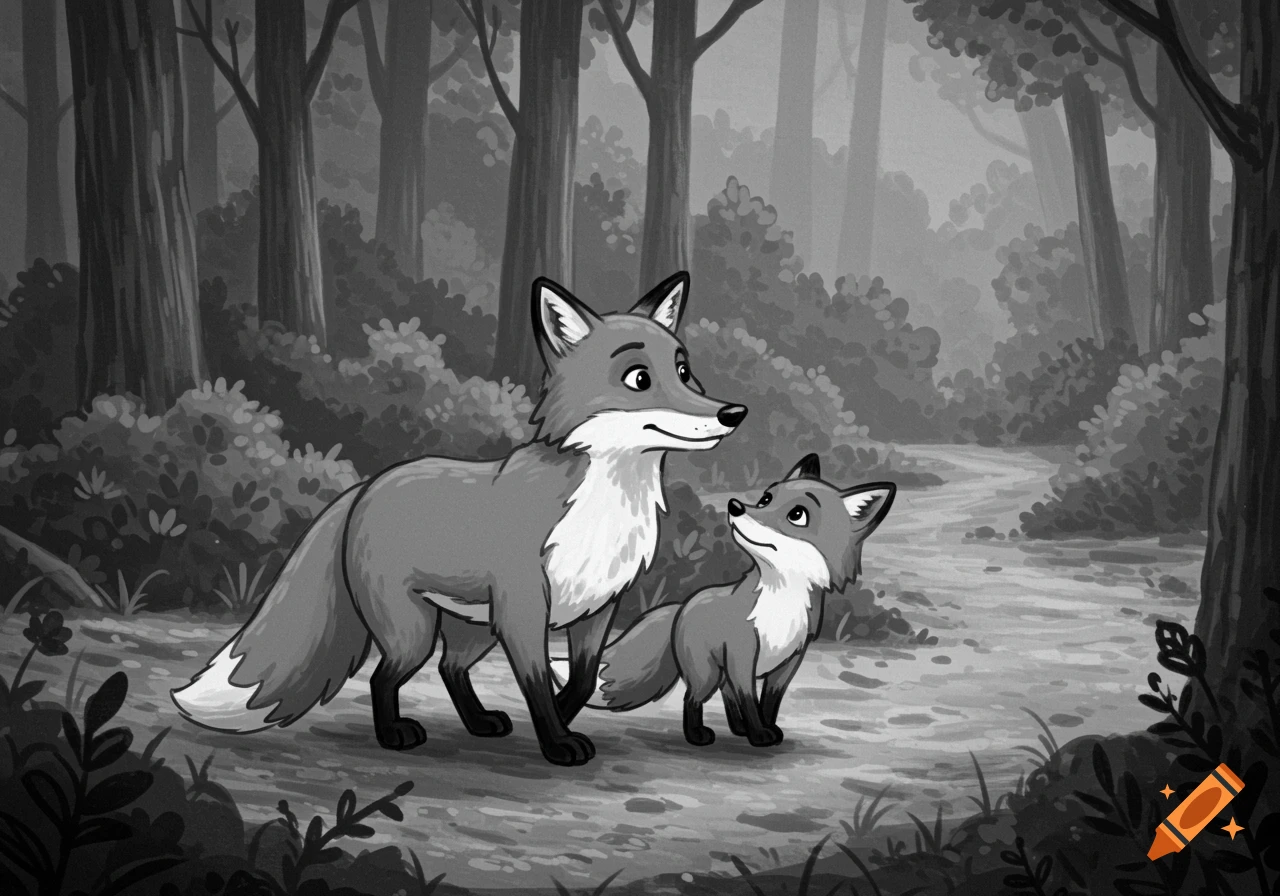 Black and white cartoon illustration of two foxes, one older and one young, walking on a path in a forest.