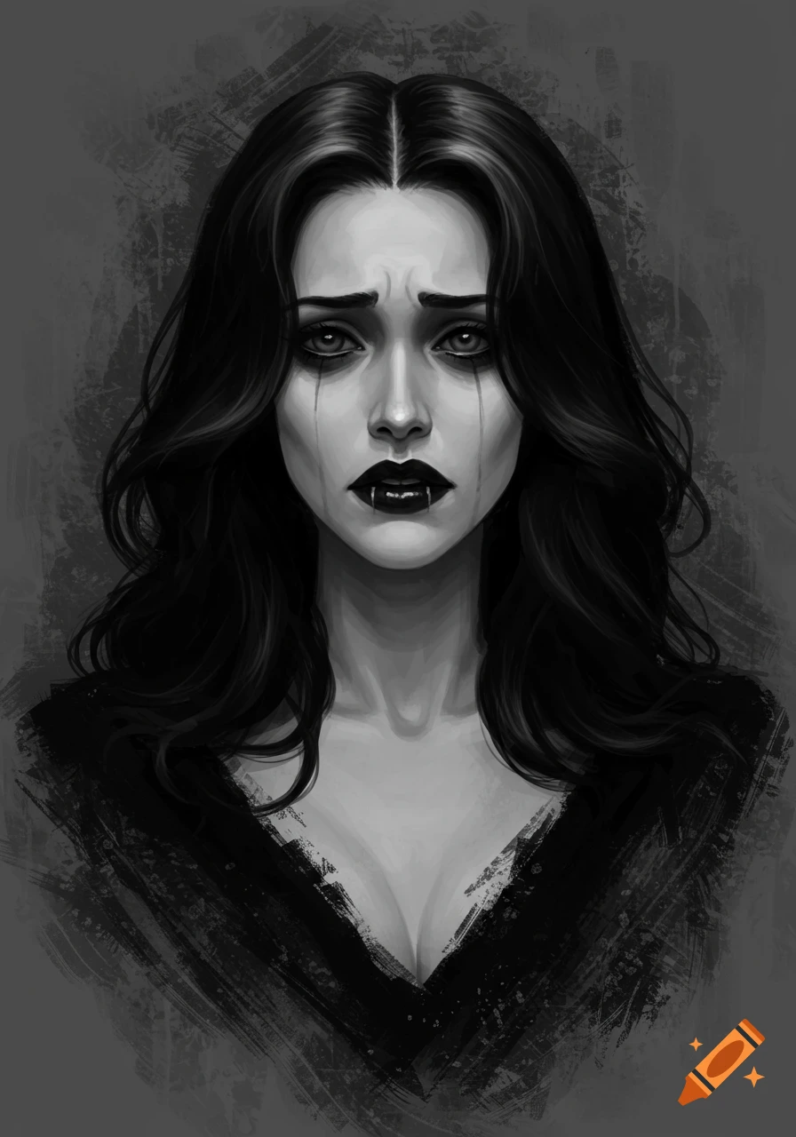 Black and white artistic portrait of a sad vampire woman with fangs and tears